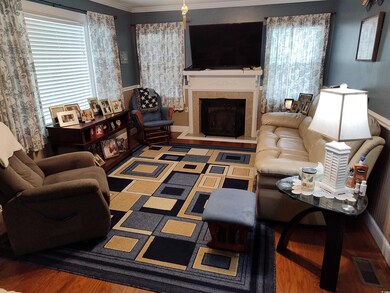Living room with hardwood / wood-style flooring an