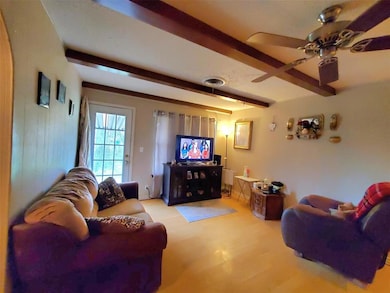 Living room featuring ceiling fan, visible vents, 