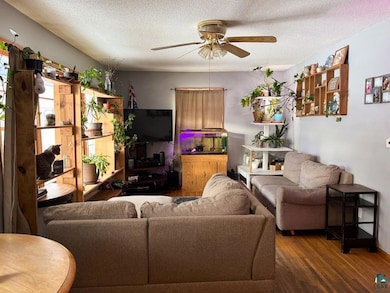 Living area with a textured ceiling, ceiling fan, 
