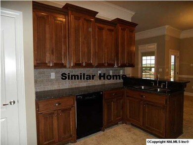 View of custom kitchen cabinents, 10 foot ceilings, granite counter tops, tile back splash, recessed lights. New home will have stainless appliances.