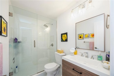 Bathroom featuring vanity, toilet, and an enclosed