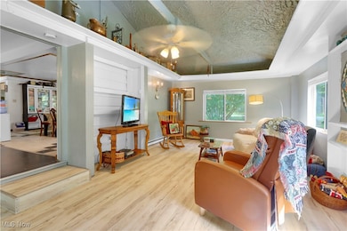Sitting room with a ceiling fan, wood finished floors, plenty of natural light, a tray ceiling, and a textured ceiling