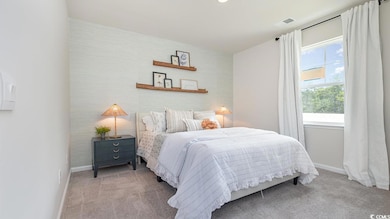 Bedroom with light colored carpet