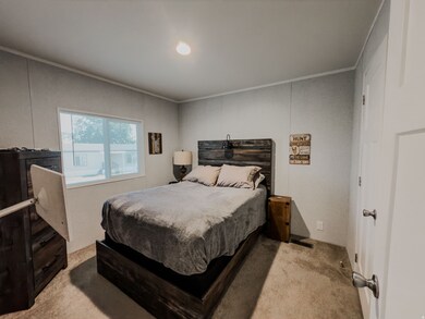 STAGED Bedroom featuring light colored carpet and crown molding