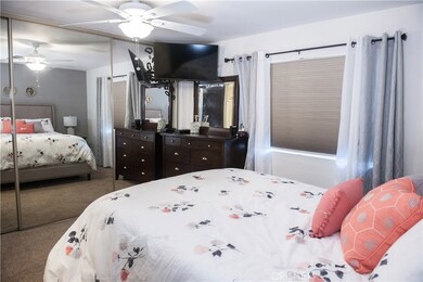 Master Bedroom with mirrored closet doors, ceiling fan and carpet.