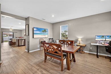 Dining room featuring light wood-style flooring, recessed lighting, and a ceiling fan