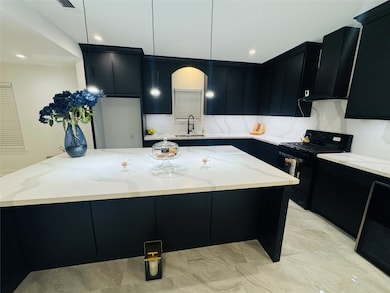 This modern kitchen features sleek black cabinetry