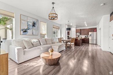 Living area featuring dark wood-style flooring and a textured ceiling