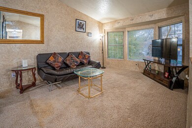 Carpeted living area with vaulted ceiling and a textured ceiling
