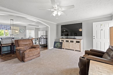 Carpeted living area featuring a textured ceiling, ornamental molding, a ceiling fan, arched walkways, and a chandelier