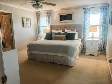 Bedroom featuring ornamental molding, a textured ceiling, light colored carpet, and a ceiling fan