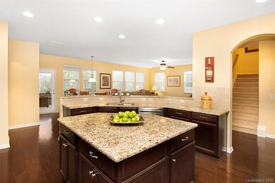 Large, open kitchen with beautiful dark cabinetry.