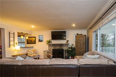 Cozy up to the wood fireplace.