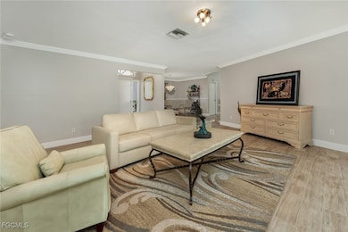 Living room with crown molding and wood finished f