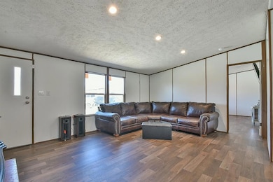 Living room with a textured ceiling, dark wood-style flooring, and recessed lighting