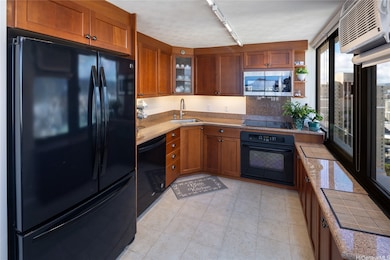 Kitchen with mountain views to the right.