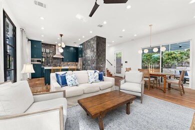 Living room with recessed lighting, ceiling fan, 
