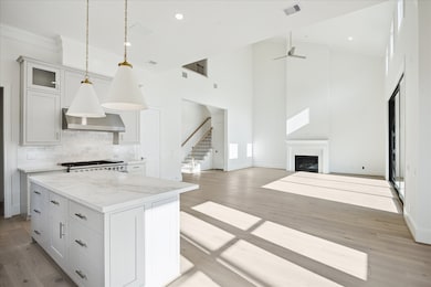 Island kitchen opens to the living room.
