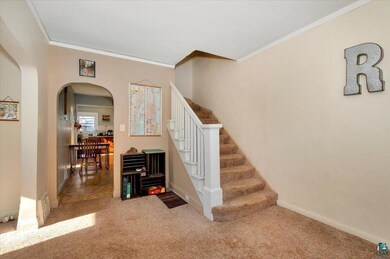 Stairs featuring ornamental molding and carpet