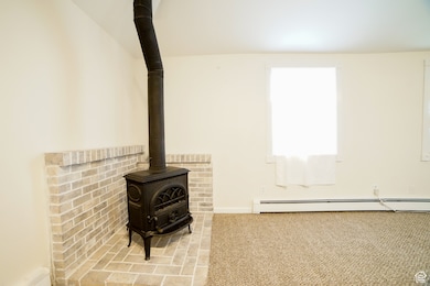 Detailed view of a wood stove, carpet flooring, and a baseboard heating unit