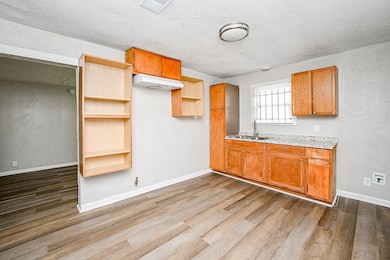 Kitchen with ample cabinet space and plenty of shelves for storage.