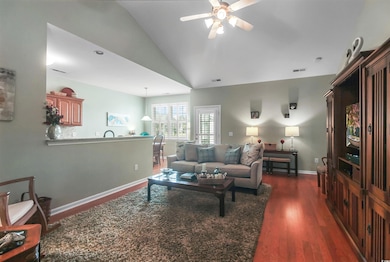 Living area featuring a ceiling fan, dark wood-style flooring, and vaulted ceiling