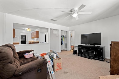 Living area featuring light colored carpet and a ceiling fan