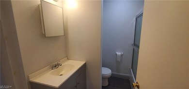 Bathroom featuring vanity, dark tile patterned flooring, and a shower stall