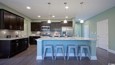 Kitchen featuring stainless steel appliances, dark wood-style flooring, decorative backsplash, and recessed lighting