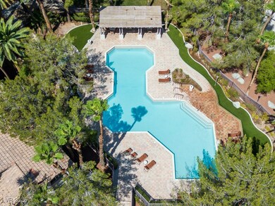 View from above of property featuring a pool