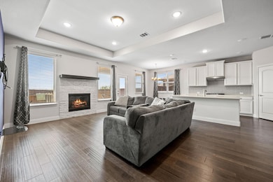 Living room with a stone fireplace, a raised ceili