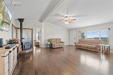 Living room with a wood stove, dark wood-style flooring, a ceiling fan, a textured ceiling, and ornamental molding
