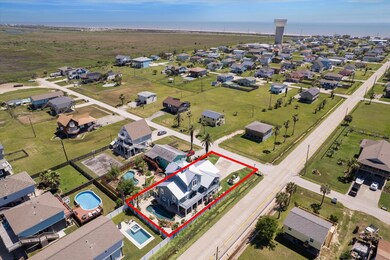 This aerial view showcases a two-story home marked