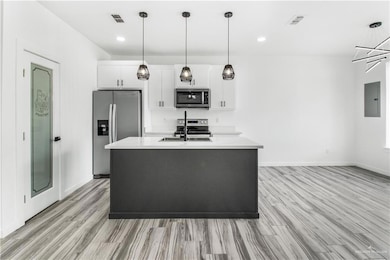 Kitchen with appliances with stainless steel finishes, white cabinets, a kitchen island with sink, pendant lighting, and electric panel