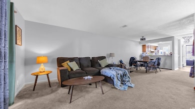 Living area featuring carpet, a textured ceiling, and baseboards