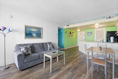 Living room featuring dark wood-type flooring and 
