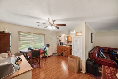 Looking into living room and kitchen from dining r