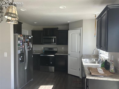 Kitchen featuring appliances with stainless steel finishes, dark cabinets, dark wood-type flooring, light countertops, and pendant lighting