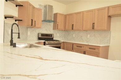 Kitchen with exhaust hood, gas range, open shelves