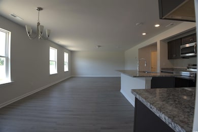Kitchen featuring appliances with stainless steel finishes, a chandelier, open floor plan, dark wood-type flooring, and recessed lighting