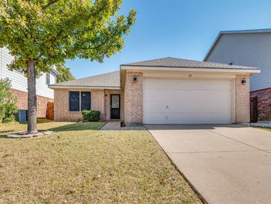 Single story home with brick siding, a shingled roof, concrete driveway, and a garage