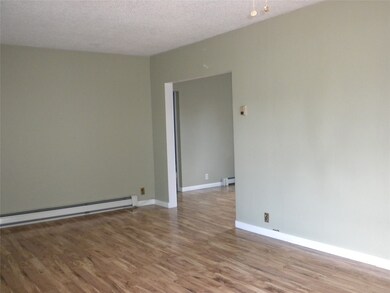 Living room featuring wood finished floors, a baseboard radiator, a textured ceiling, and baseboard heating