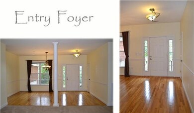 The Front Door is framed w/ glass sidelights that help to illuminate the room with natural lighting.  There is a convenient coat closet, elegant lighting, shares space with the Formal Dining Room & is open to the adjoining Living Room.
