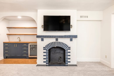 Detailed view of beverage cooler, carpet flooring, and bar with sink