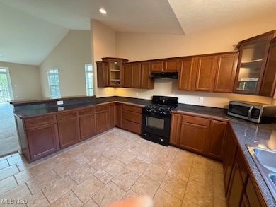 Kitchen with dark countertops, black range with gas cooktop, stainless steel microwave, brown cabinets, and high vaulted ceiling