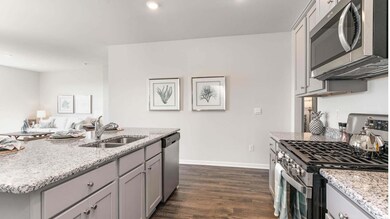 Kitchen with gray cabinets, dark wood-type floorin