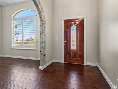 Entrance foyer featuring baseboards and dark wood-type flooring