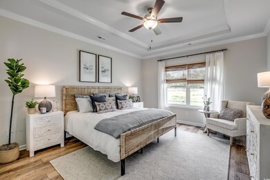 Bedroom featuring crown molding, a tray ceiling, a