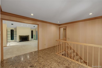 Corridor featuring crown molding, recessed lighting, an upstairs landing, and carpet flooring