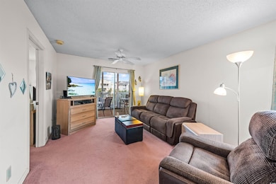 Living room featuring carpet, a textured ceiling, 
